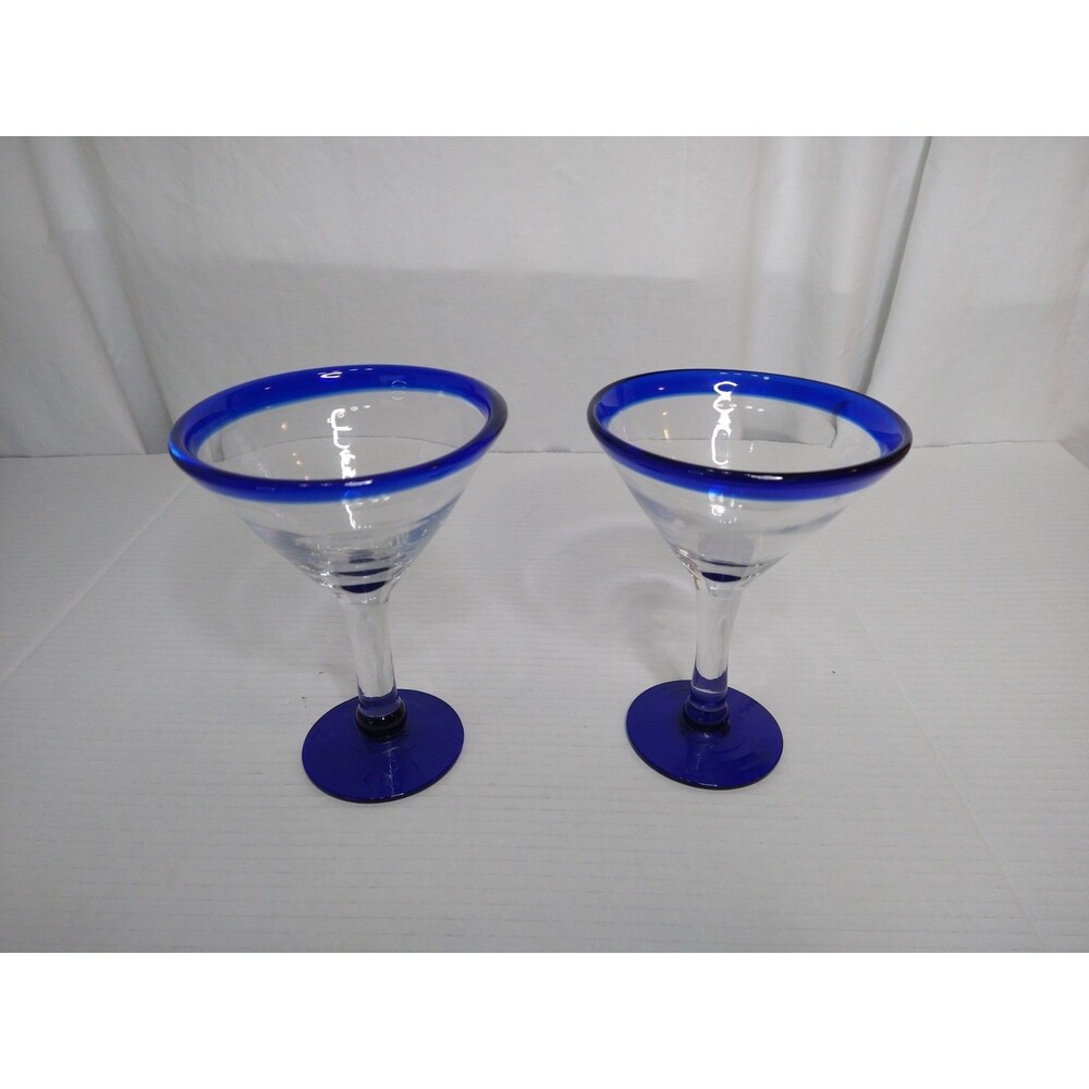 2 Cobalt Blue Hand-Blown Martini Margarita Cocktail Glasses Blue Rim/Base